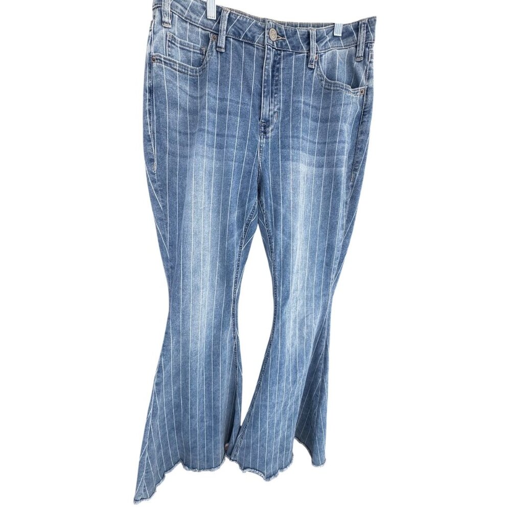 Rock & Roll Denim High Rise Bell Bottom Jeans W32 L34 Striped Frayed Hem - Picture 8 of 10